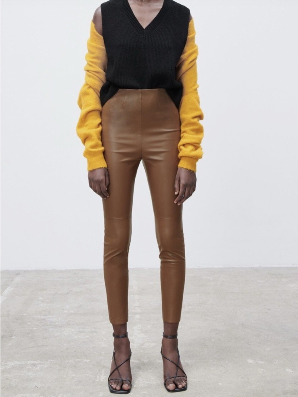 Zara Womens High Waist Faux Leather Leggings Small Ankle Length Brown